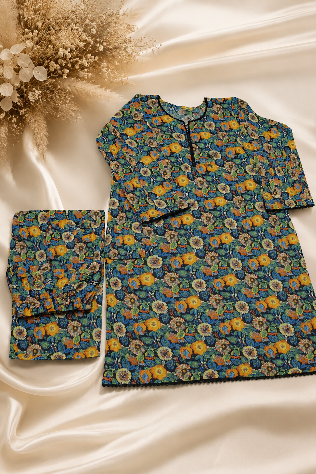 Midnight Bloom Printed Co-Ord Set with Chiffon Dupatta