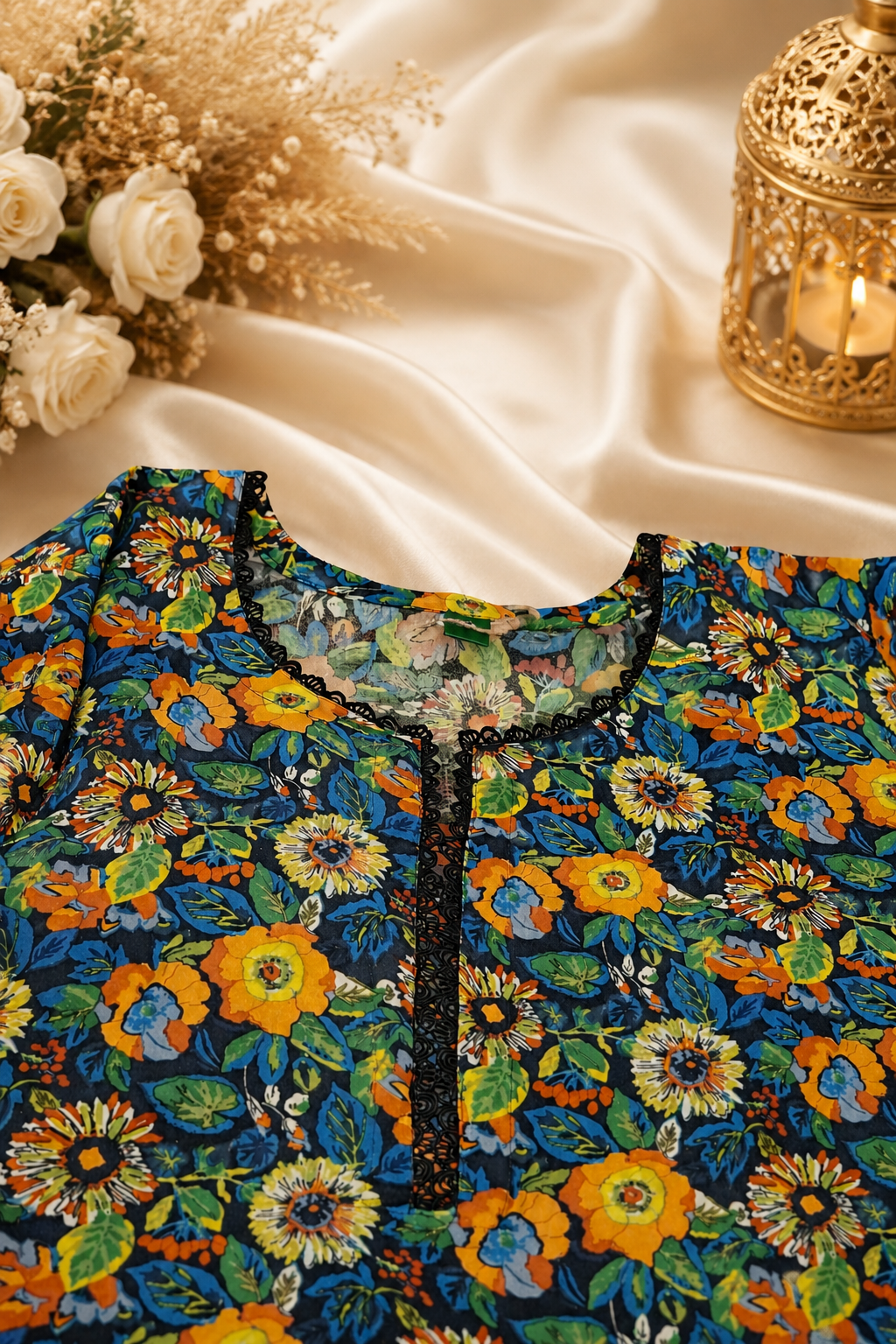 Midnight Bloom Printed Co-Ord Set with Chiffon Dupatta