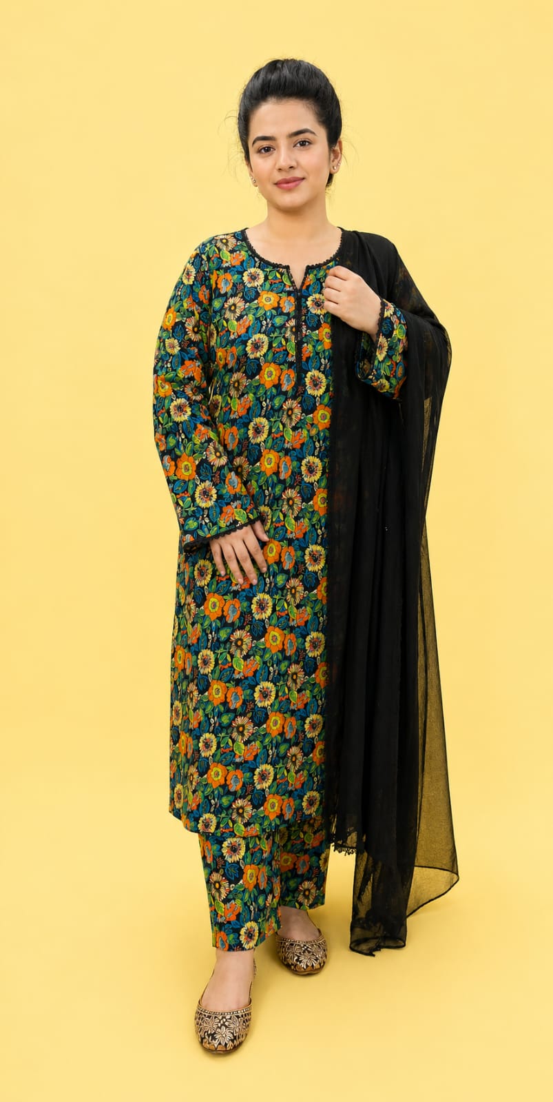 Midnight Bloom Printed Co-Ord Set with Chiffon Dupatta