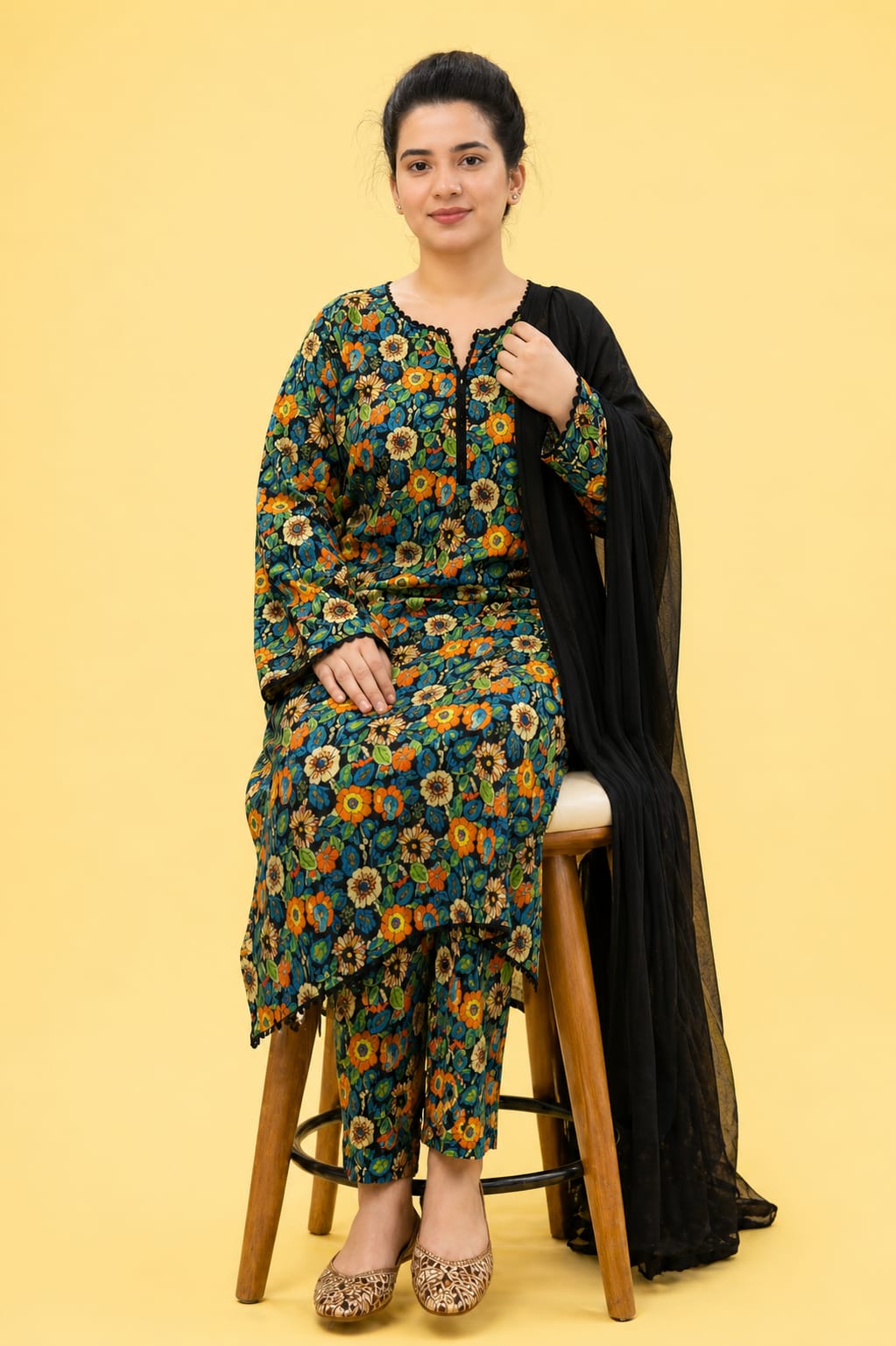 Midnight Bloom Printed Co-Ord Set with Chiffon Dupatta