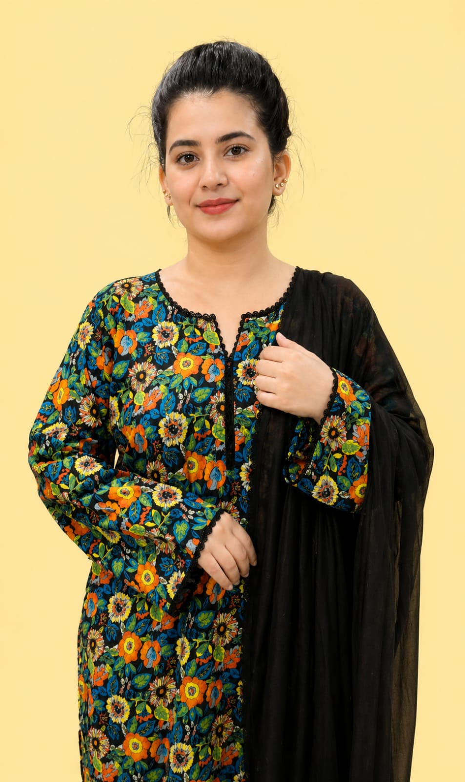 Midnight Bloom Printed Co-Ord Set with Chiffon Dupatta