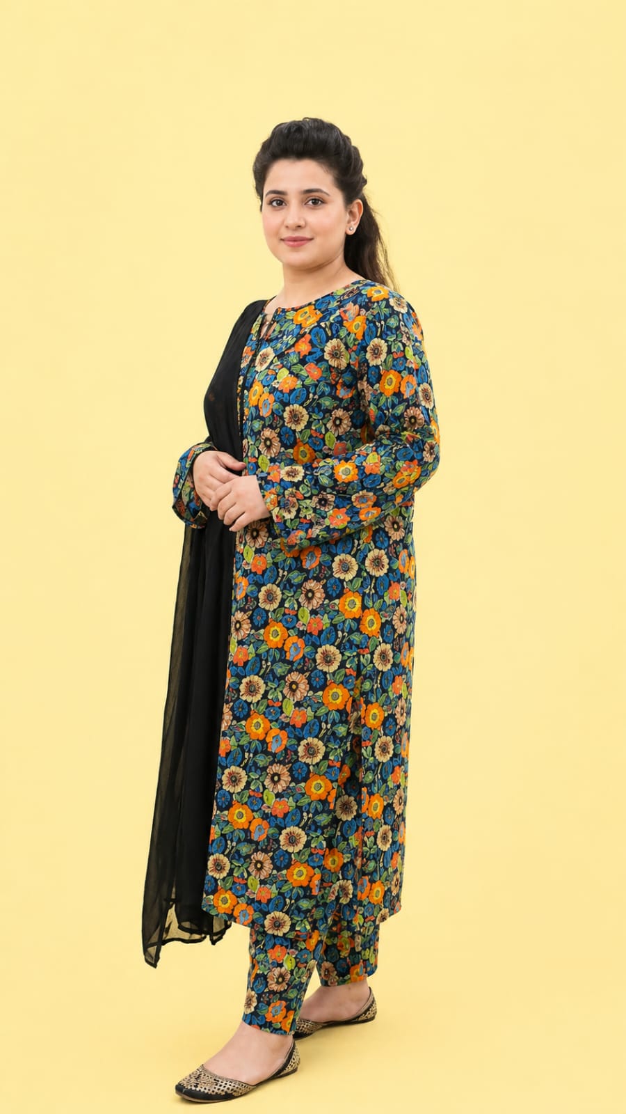 Midnight Bloom Printed Co-Ord Set with Chiffon Dupatta