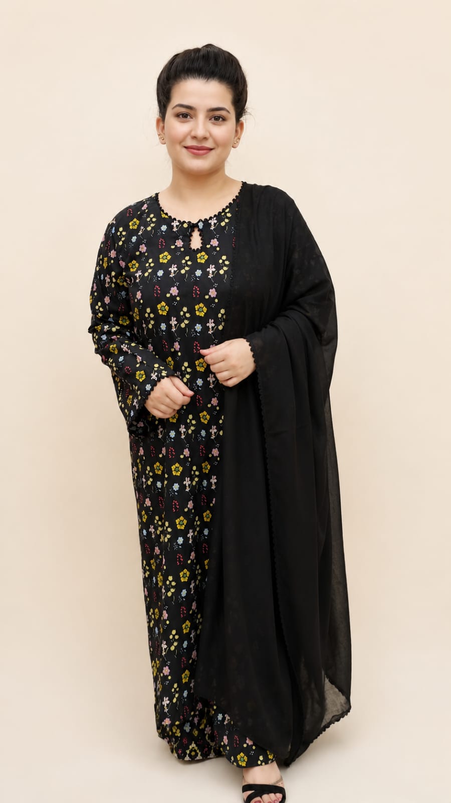 Midnight Petals Floral Printed Lawn Suit with Chiffon Dupatta