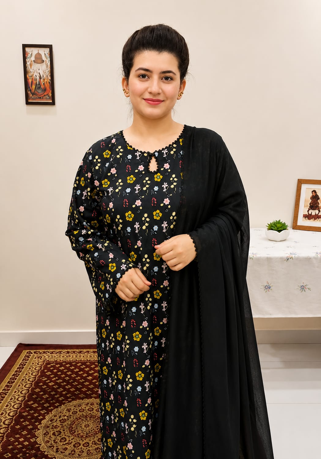 Midnight Petals Floral Printed Lawn Suit with Chiffon Dupatta