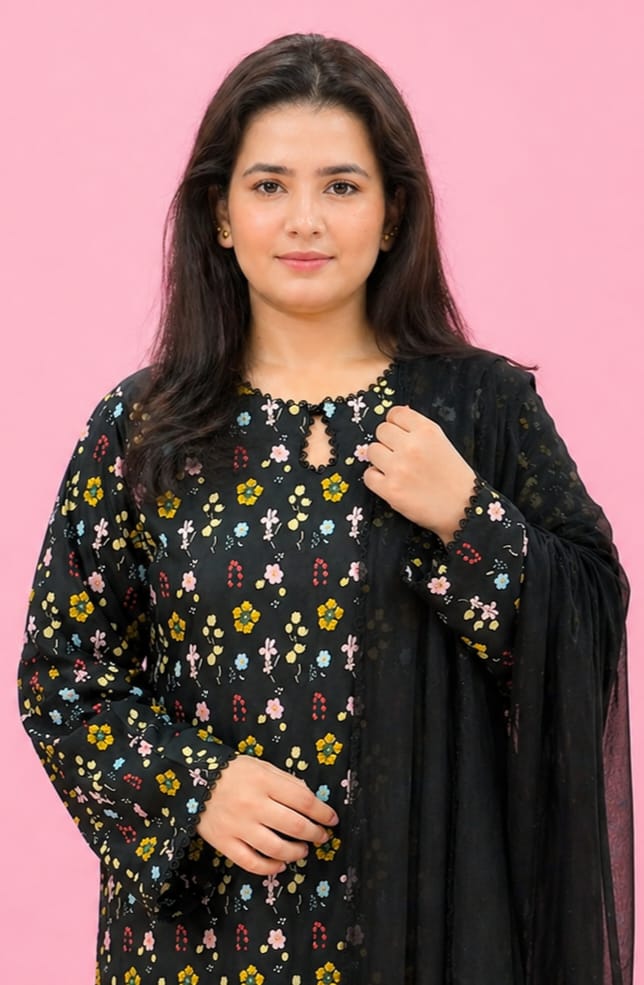 Midnight Petals Floral Printed Lawn Suit with Chiffon Dupatta