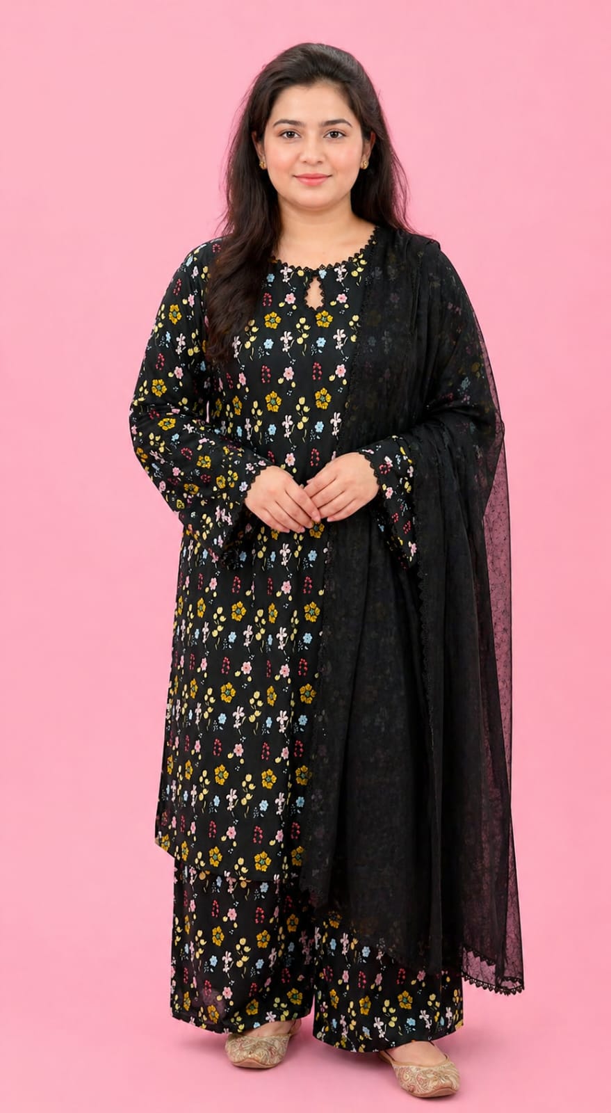 Midnight Petals Floral Printed Lawn Suit with Chiffon Dupatta