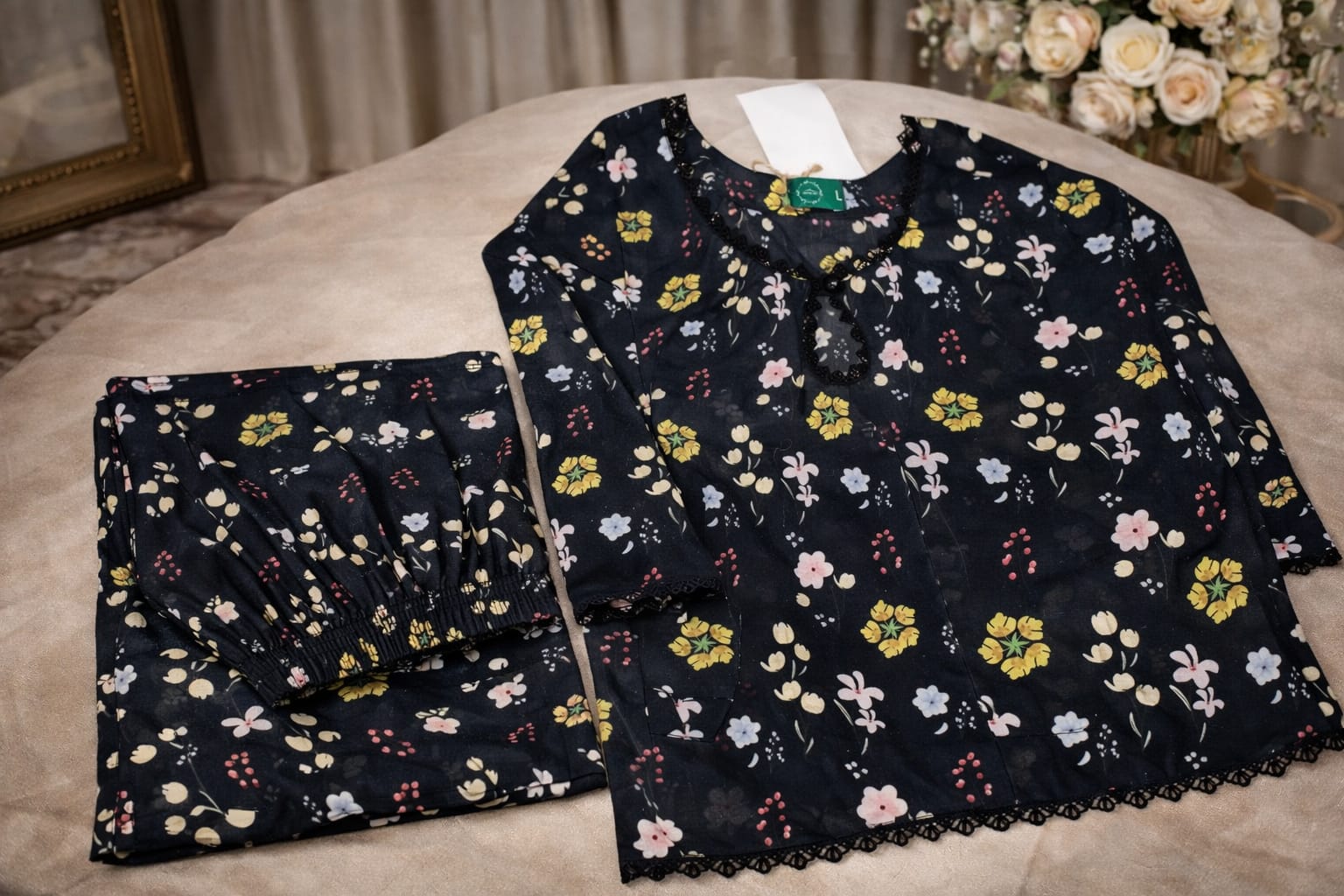Midnight Petals Floral Printed Lawn Suit with Chiffon Dupatta