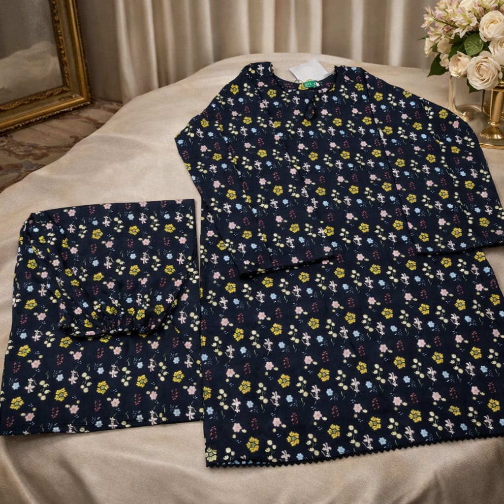 Midnight Petals Floral Printed Lawn Suit with Chiffon Dupatta