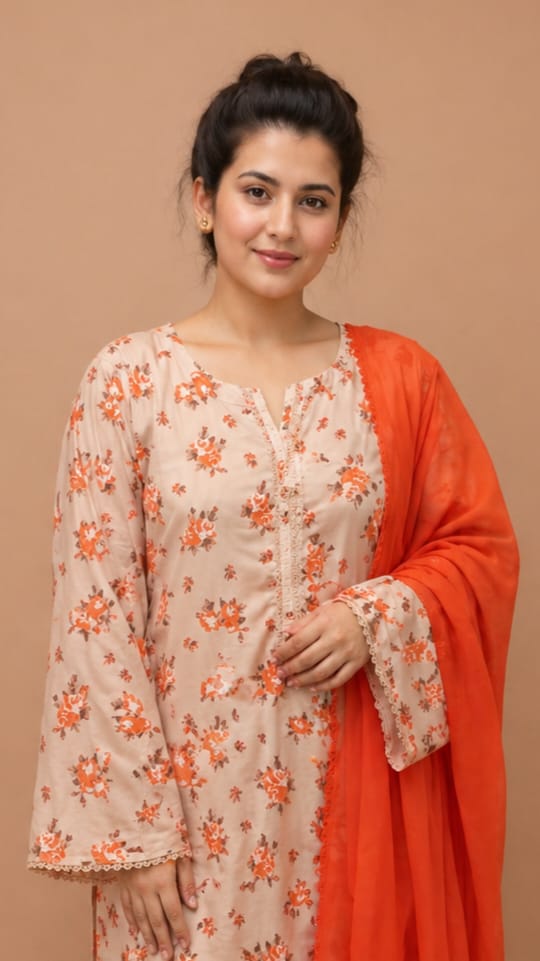 Apricot Bloom Floral Printed Lawn Suit with Plazo & Chiffon Dupatta