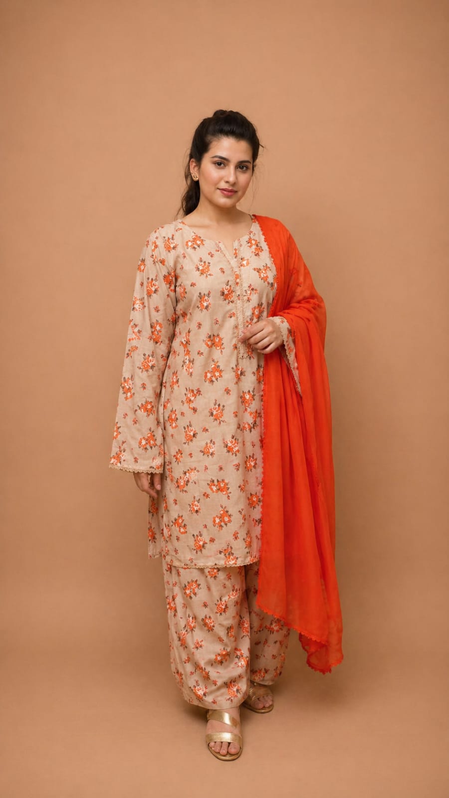 Apricot Bloom Floral Printed Lawn Suit with Plazo & Chiffon Dupatta