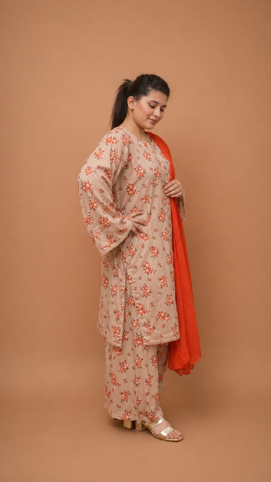 Apricot Bloom Floral Printed Lawn Suit with Plazo & Chiffon Dupatta