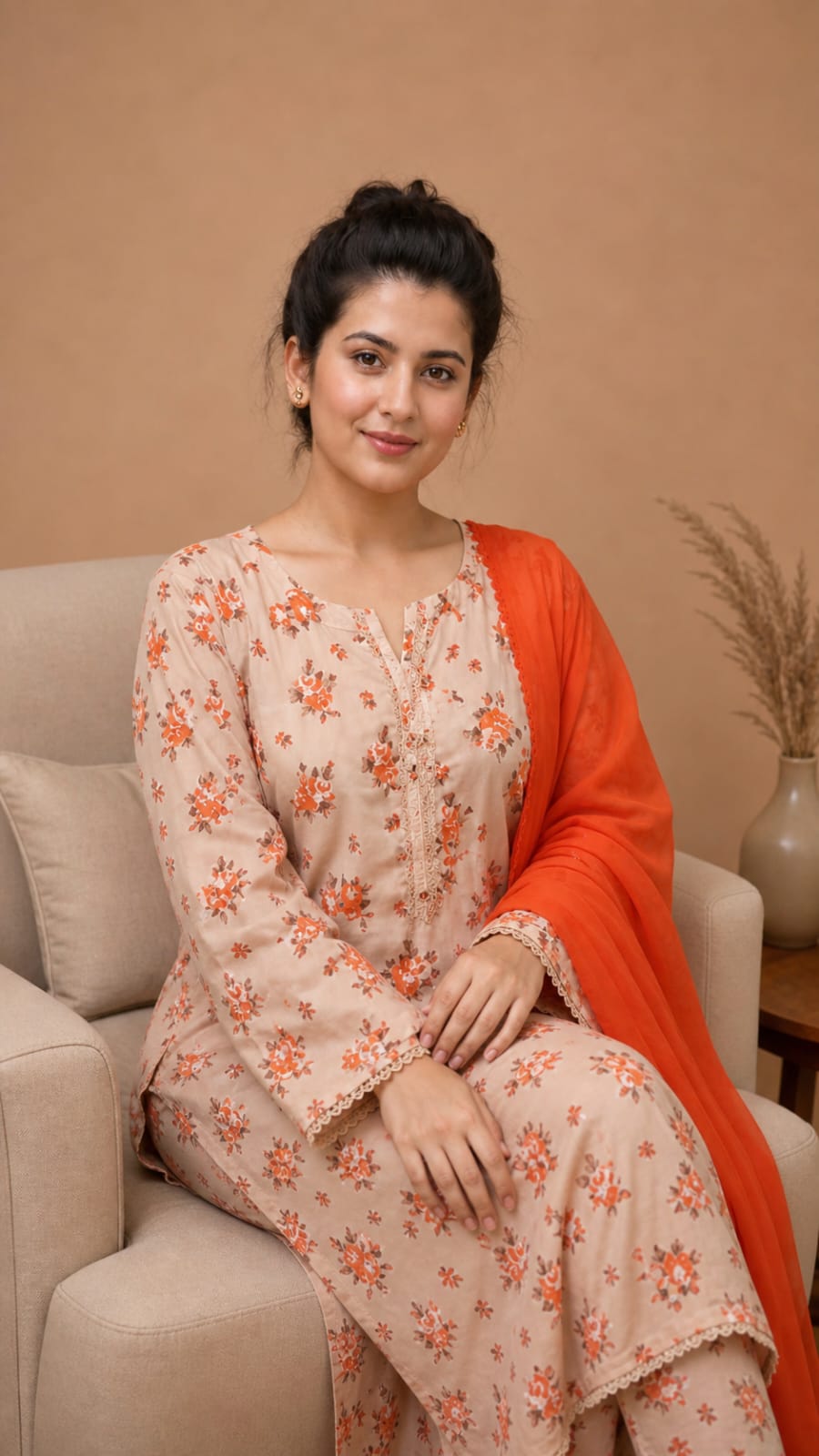 Apricot Bloom Floral Printed Lawn Suit with Plazo & Chiffon Dupatta