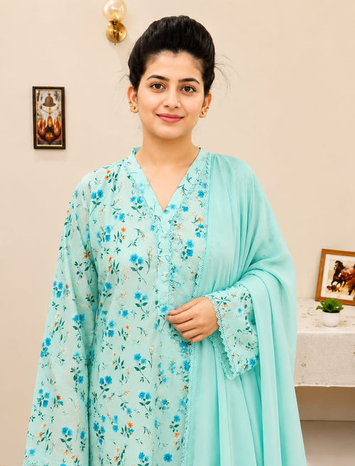 Azure Blossom Printed Lawn Suit with Loose Plazo & Chiffon Dupatta