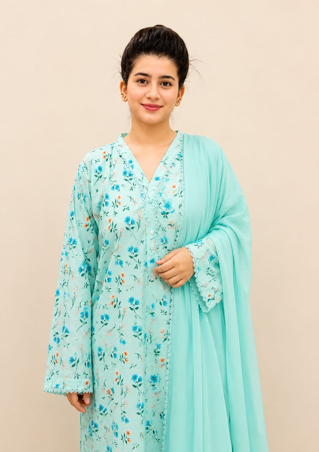 Azure Blossom Printed Lawn Suit with Loose Plazo & Chiffon Dupatta