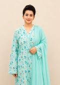 Azure Blossom Printed Lawn Suit with Loose Plazo & Chiffon Dupatta