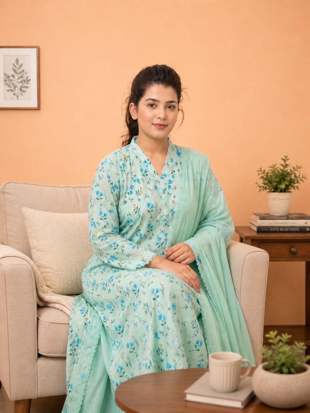 Azure Blossom Printed Lawn Suit with Loose Plazo & Chiffon Dupatta