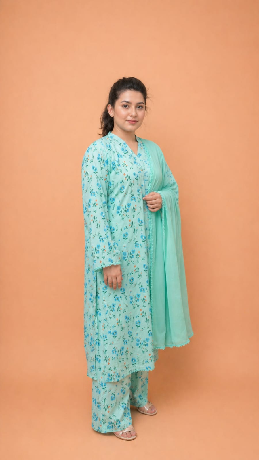 Azure Blossom Printed Lawn Suit with Loose Plazo & Chiffon Dupatta