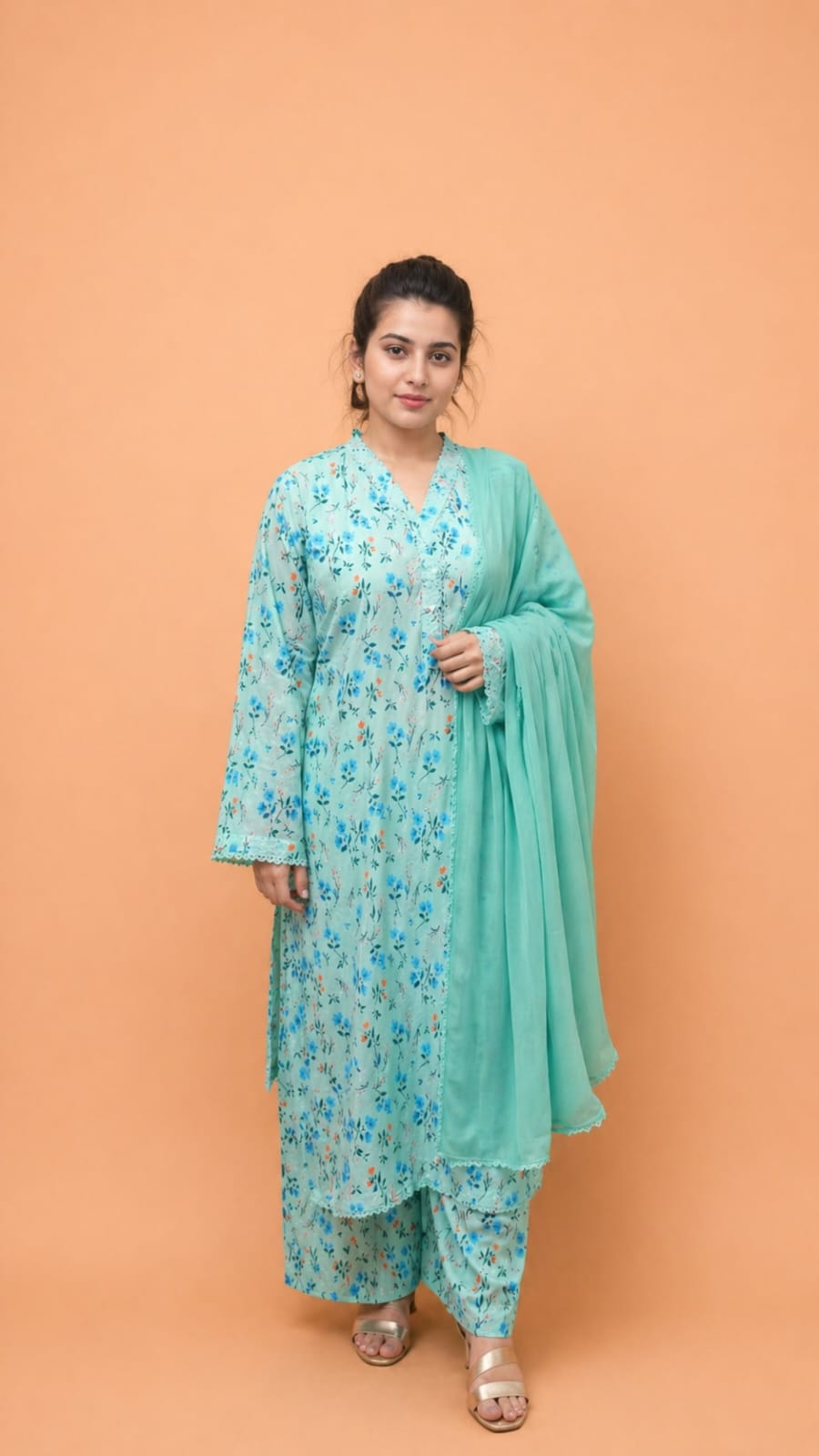 Azure Blossom Printed Lawn Suit with Loose Plazo & Chiffon Dupatta