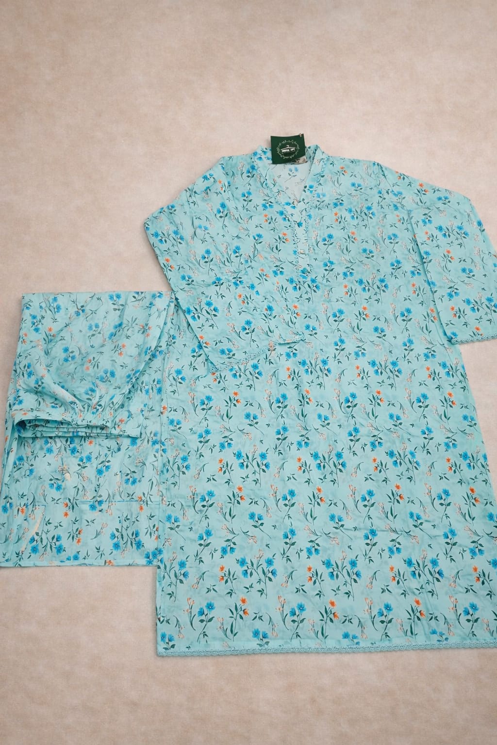 Azure Blossom Printed Lawn Suit with Loose Plazo & Chiffon Dupatta