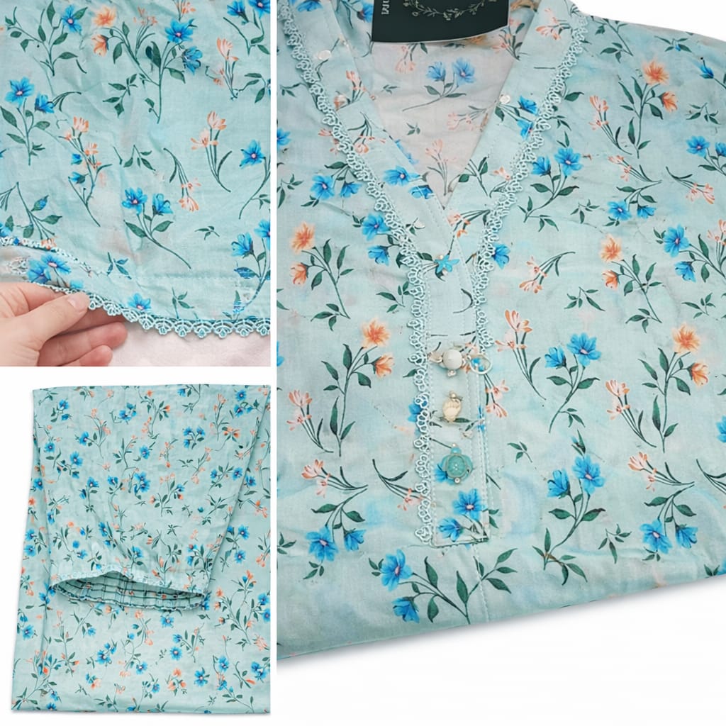Azure Blossom Printed Lawn Suit with Loose Plazo & Chiffon Dupatta