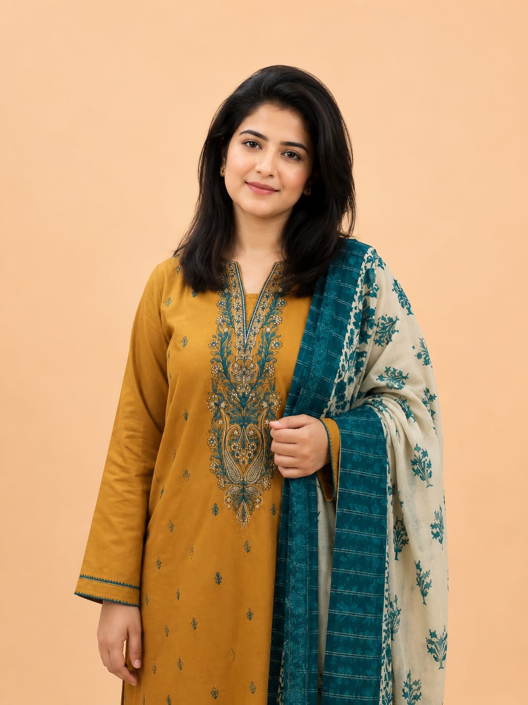 Mustard Grace Embroidered Suit with Zari Voile Dupatta
