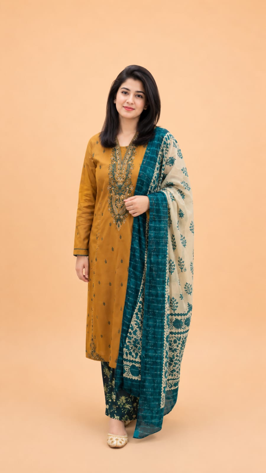 Mustard Grace Embroidered Suit with Zari Voile Dupatta