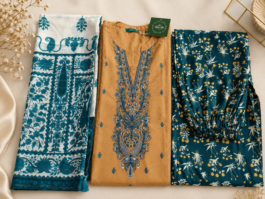 Mustard Grace Embroidered Suit with Zari Voile Dupatta