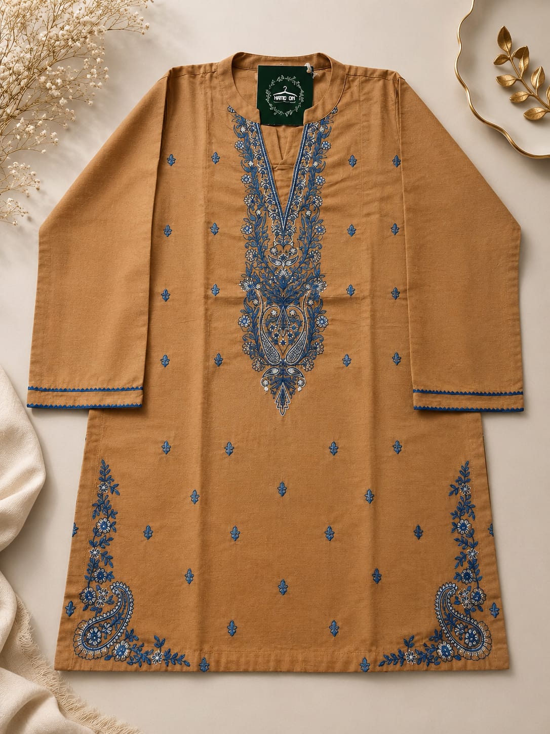 Mustard Grace Embroidered Suit with Zari Voile Dupatta