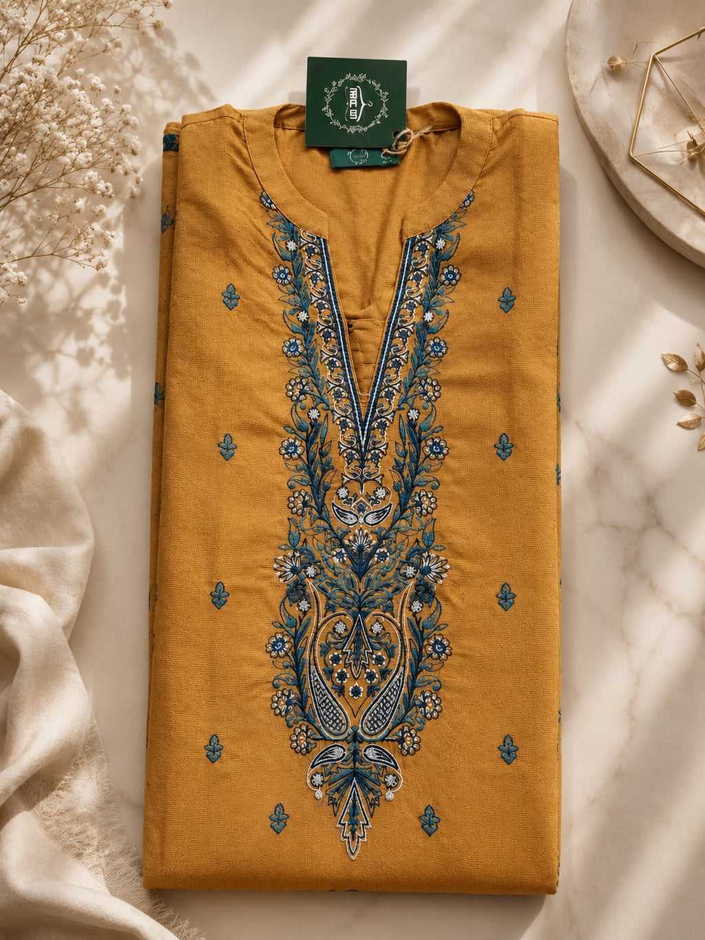 Mustard Grace Embroidered Suit with Zari Voile Dupatta