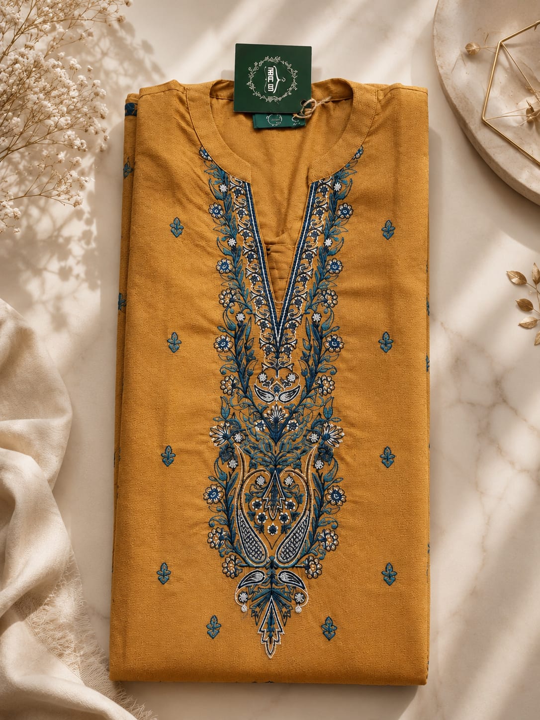 Mustard Grace Embroidered Suit with Zari Voile Dupatta