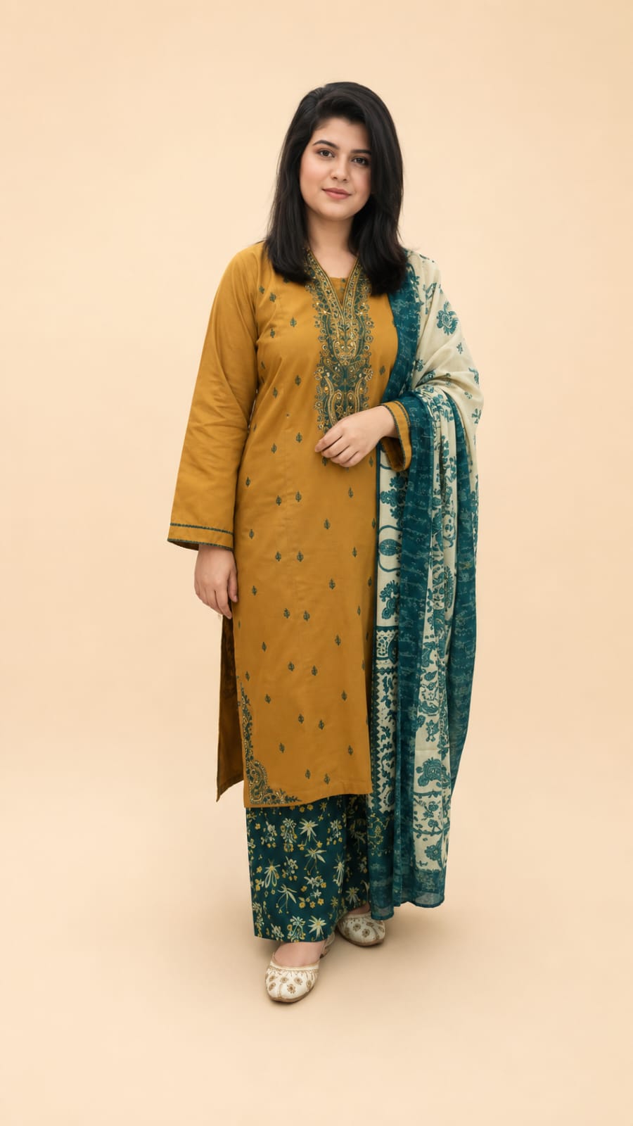 Mustard Grace Embroidered Suit with Zari Voile Dupatta