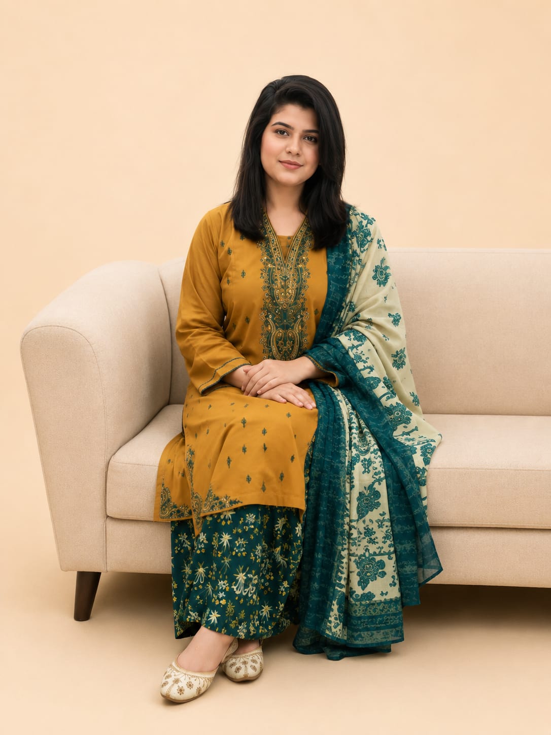 Mustard Grace Embroidered Suit with Zari Voile Dupatta