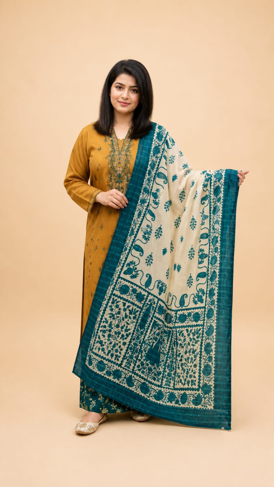 Mustard Grace Embroidered Suit with Zari Voile Dupatta