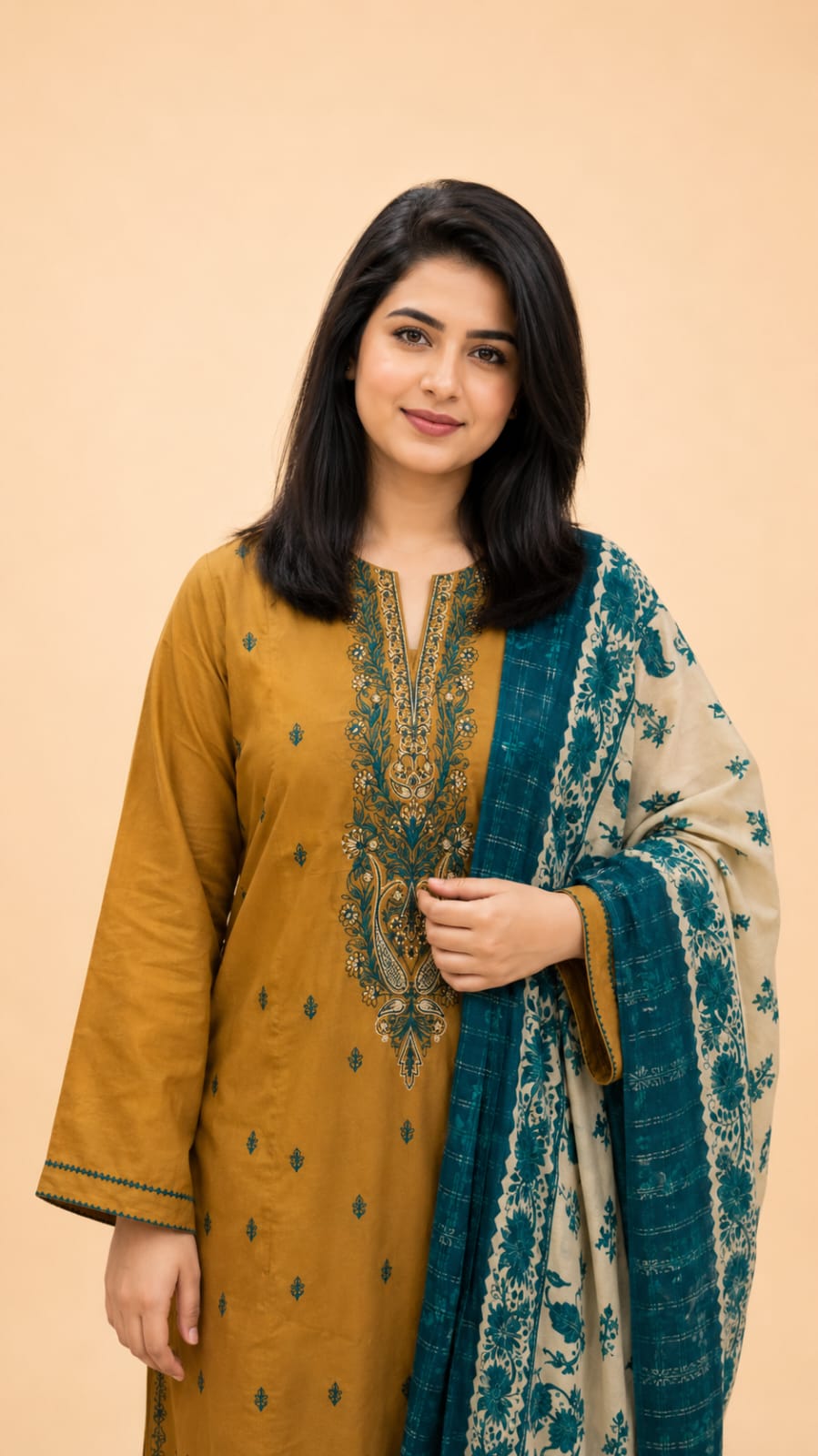 Mustard Grace Embroidered Suit with Zari Voile Dupatta