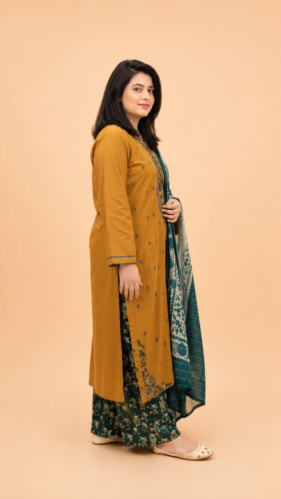 Mustard Grace Embroidered Suit with Zari Voile Dupatta